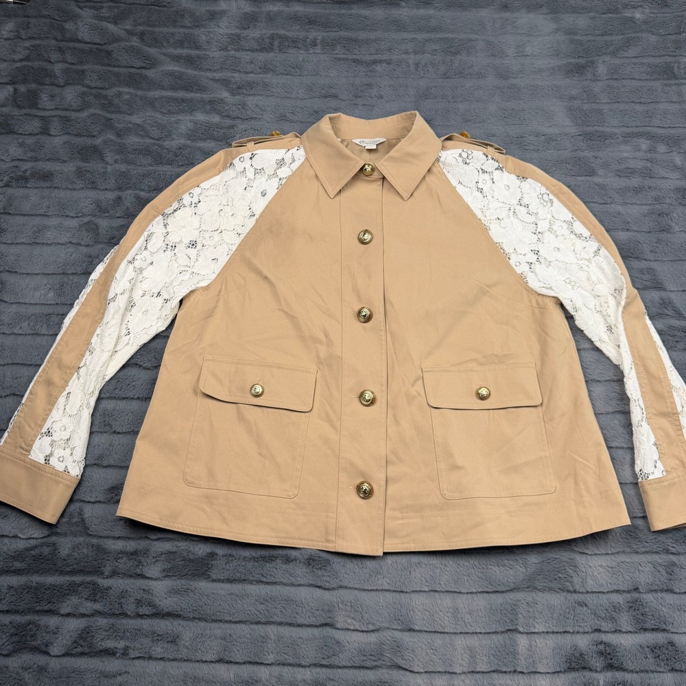 Cato Collection Limited Edition Tan Lace Sleeve Utility Jacket Gold Button Med